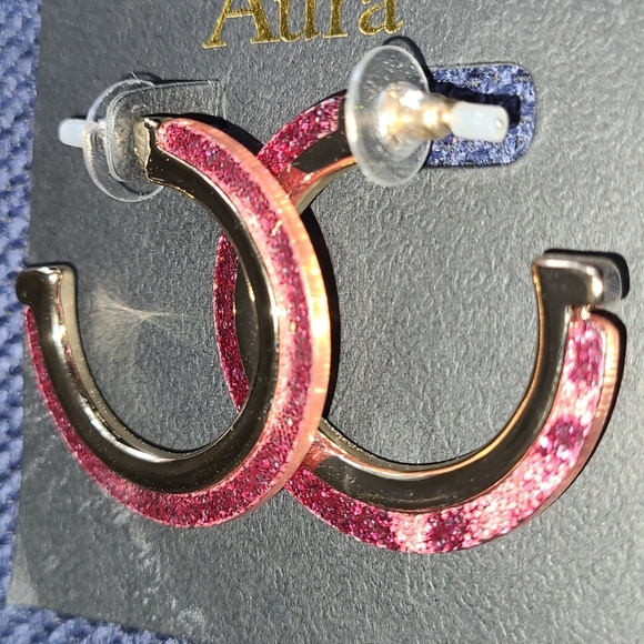 Aura Womens Open Hoop Shiny Gold Barbie Pink Sparkle Glitter Pierced Earrings - Picture 3 of 4
